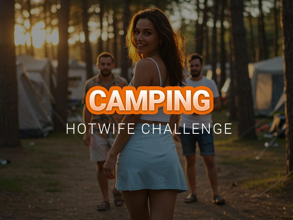 A super cute woman walks from behind down the path of a campsite in summer, wearing a light, sheer dress. She has long legs, tanned skin, and turns her head toward the camera with a mischievous, confident smile. The scene is cinematic, surrounded by pine trees and tents, with two men in the background discreetly watching her. Holiday atmosphere, light humor, photorealistic cinematic rendering, shallow depth of field, golden tones.