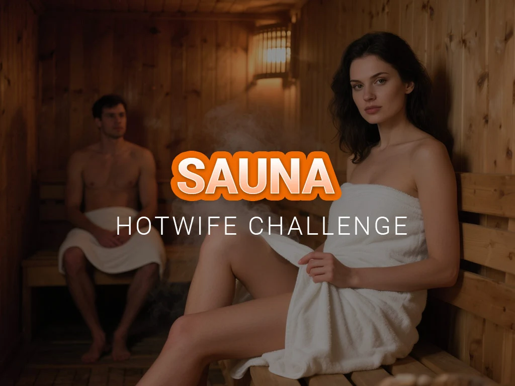 Attractive woman sitting in a sauna wearing a towel, looking confident and playful, cinematic atmosphere with warm steam and wooden interior.