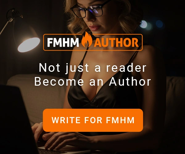 Woman writing on a laptop at night, creative and intimate atmosphere, FMHM Author banner promoting content contributors.